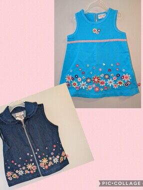 🆕 Vtg Please Mum Turquoise Floral Dress & Denim Embroidered Vest Outfit Y2K Set